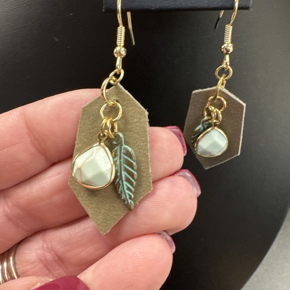 Feather With Leather Dangle Earrings - Picture 3 of 4